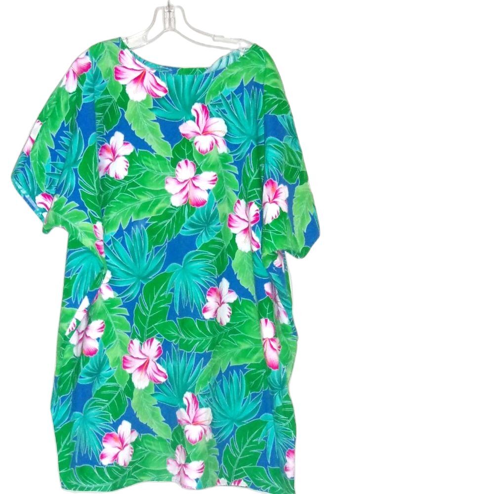 Hilo Hattie Vintage Shift Dress Cotton Orchids Pink Green Hawaii OS Plus Size
